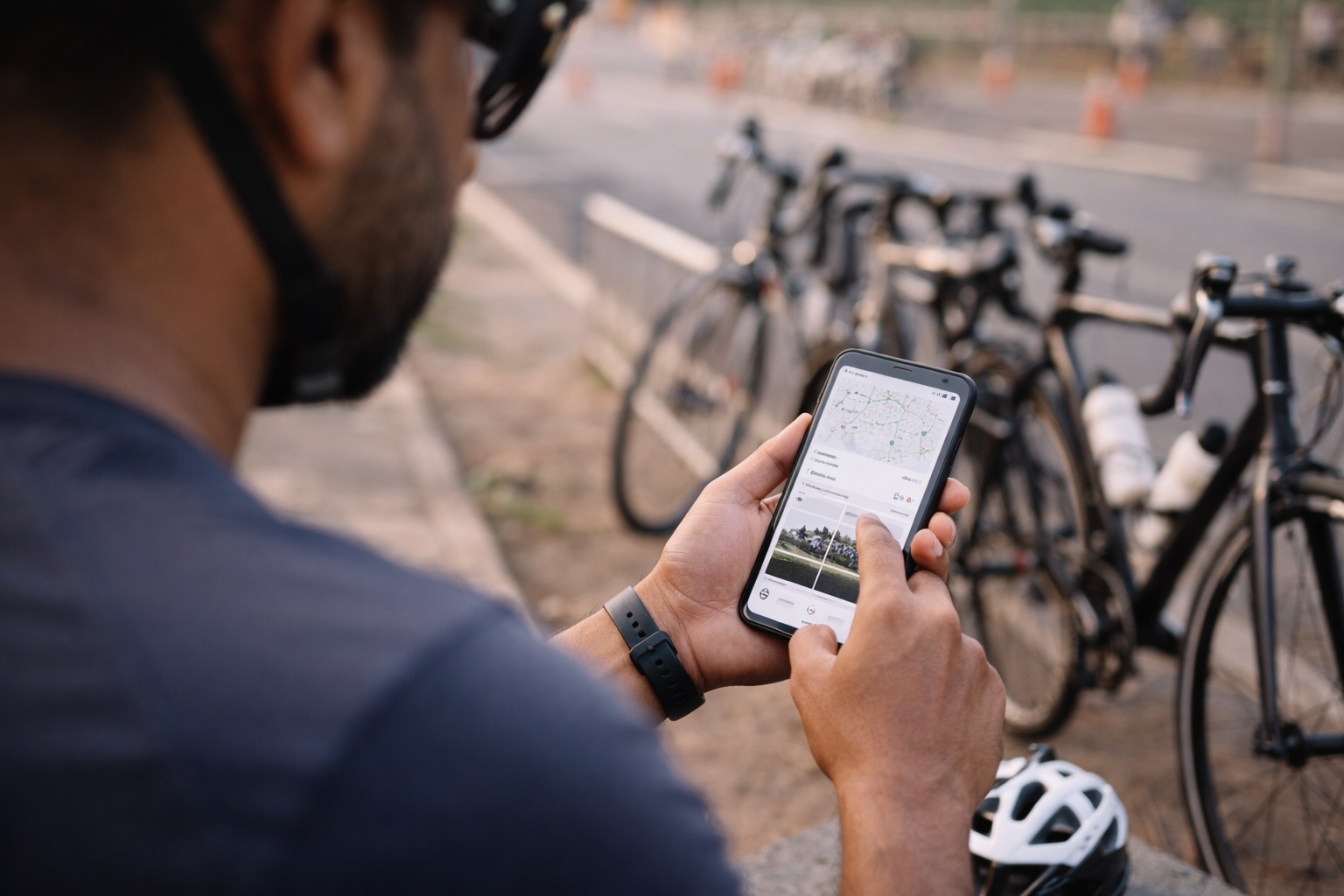 A professional cyclist standing next to his cycle while using the CycleThru App